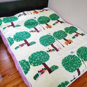 Full Size Children Tree House Colorful Yellow Graphic Print Cozy Quilted Blanket